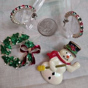 Holiday 3pc Set (2 brooches, 1 set hoop earrings)